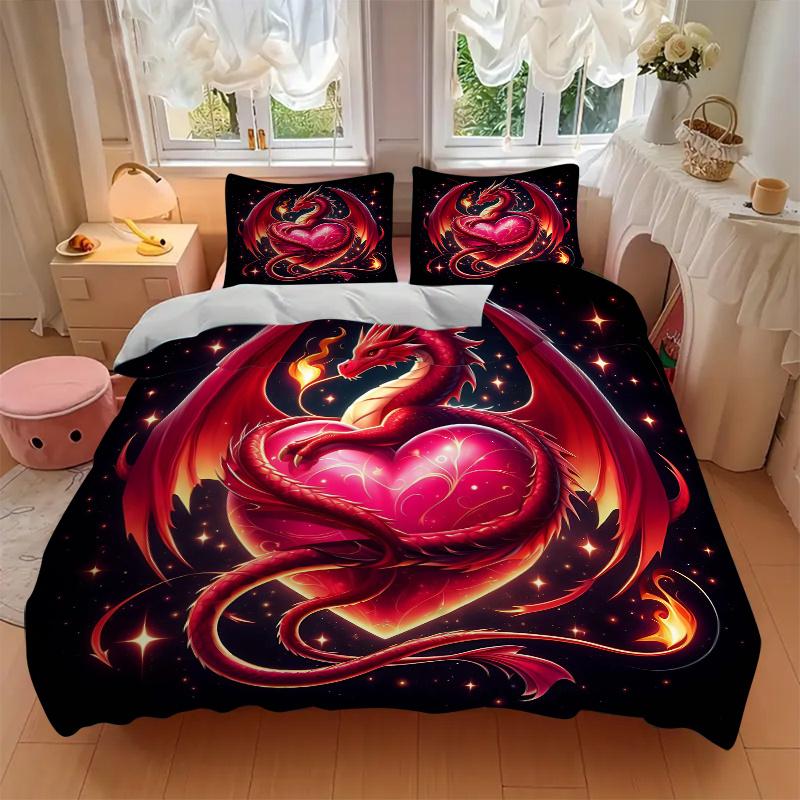 3pcs Dragon Embracing a Heart Print Cover Set Ultra Soft, Breathable, and Comfortable Bedding with Stylish Design for Bedroom and Guest Room Deco