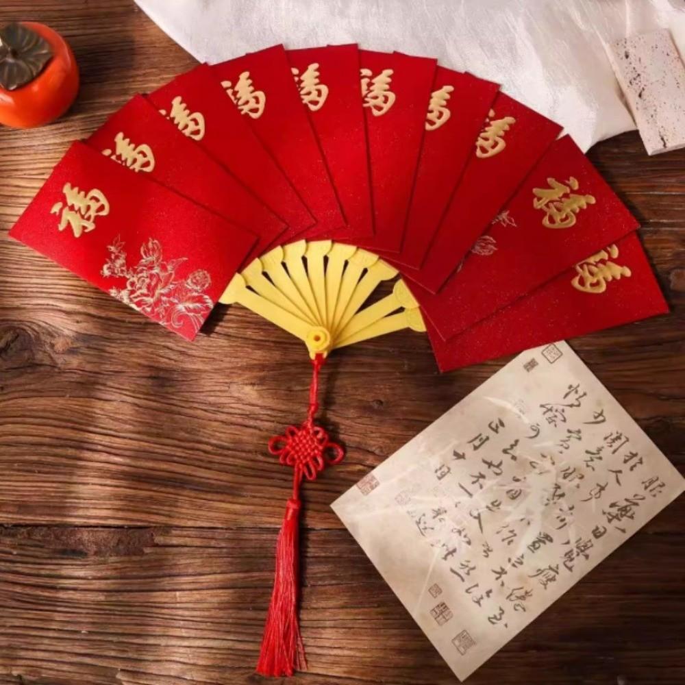 Traditional Fan Design Red Envelope with Chinese Knot Tassel Children's Money Bag 10 Cards Thickened Lucky Money Packet Gift