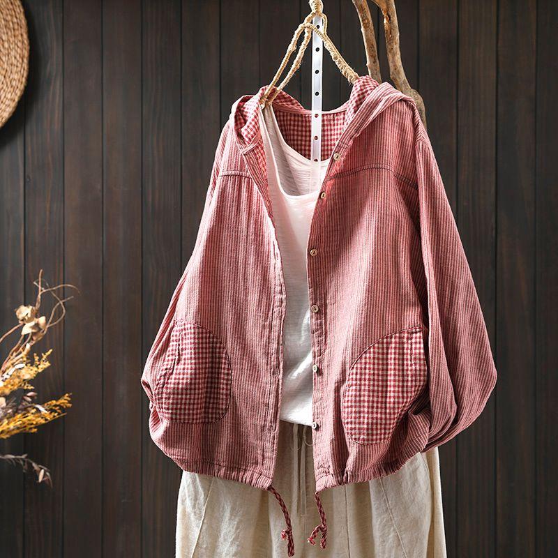 

Кулиска по низу Полоски Толстовка с капюшоном Пальто Женское Свободного кроя Стройнящее 2025 Весна Новинка Арт Повседневный Хлопковый Топ Red Stripes One size