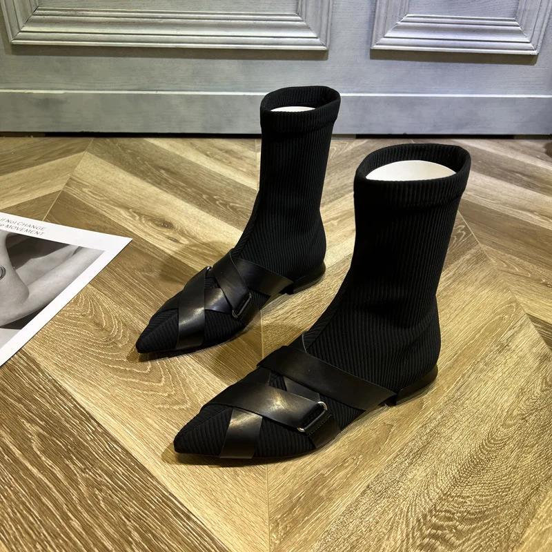 Fashion 2024 European Station Autumn and Winter New Pointy Flat Comfortable All-match Elastic Ankle Boots for Women Thin Riding Boots