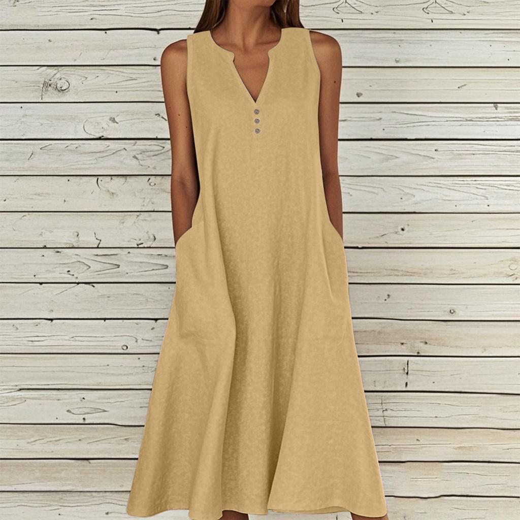 Women's Sleeveless V-Neck Button Front A-Line Dress with Side Pockets in Multiple Colors