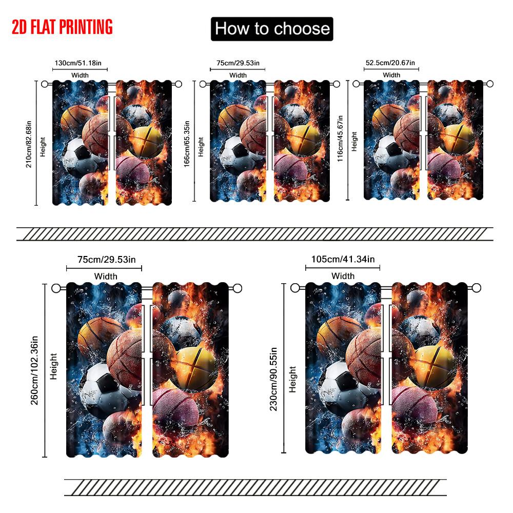 2pcs,2D plane printing Creative Curtains Basketball_ Soccer & Football Design Polyester Woven (without rod) Decorations For Home