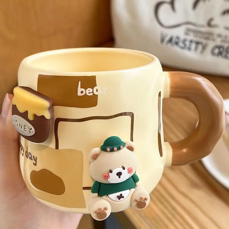 Kubek Honey Bear z zagęszczoną ceramiką z pokrywką i łyżeczką, kubek do kawy, 3D, magnetyczny, odłączany, adsorpcyjny, wieszak na napoje