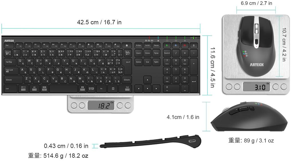 Arteck Bluetooth Keyboard and Mouse Set, Multi-Pairing, Connects To 3 Devices Simultaneously, Type-C Rechargeable, Full-Size Bluetooth Keyboard with