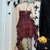 Gothic Plaid Red Summer Dress Women Lolita Streetwear Sleeveless Punk Off-Shoulder Dress Party Assymmetric Dresses