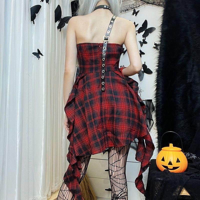 Gothic Plaid Red Summer Dress Women Lolita Streetwear Sleeveless Punk Off-Shoulder Dress Party Assymmetric Dresses