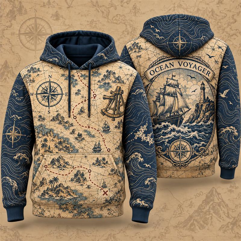 3D Print Vintage Wilderness Map Hoodie Women Retro Sweatshirt Outdoor Hiking Adventure Winter Casual Loose Unisex Daily Hoodies