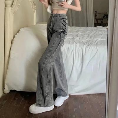 Y2K Street Women Jeans Pants American High Waist Lace Up Chic Female Casual Pants Korean Vintage Ladies Wide Leg Trousers
