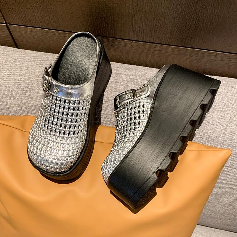 Fashion New Women's Platform Slip-On Sandals Thick Sole 8.5CM High Heels Summer Weave Leather Breathable Outdoor Walking Slippers