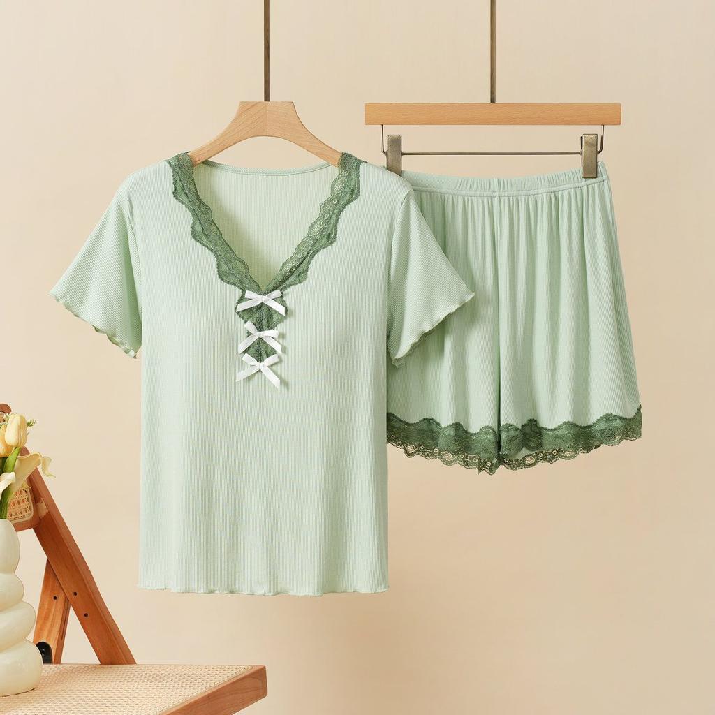 Women Suits Sets Lace-Trimmed Padded Nightgown Set with Short-Sleeve Top and Long Pants for Women Pants Two-piece Oversize 2PC Suit