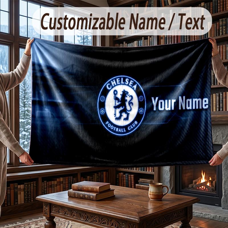 Custom Name Flannel Throw Blanket Chelsea FC Pattern Warm Home Decoration