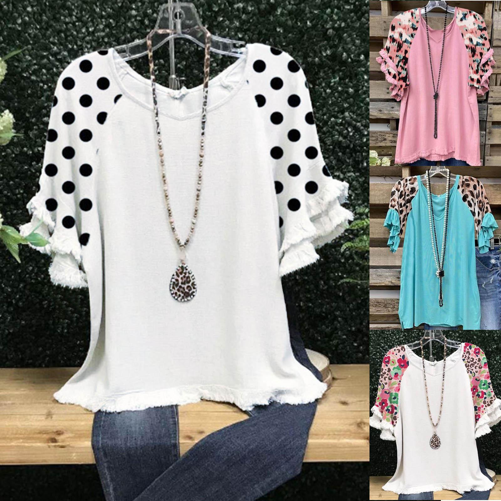 

Женская мода с леопардовым принтом и оборками, футболка с половиной рукавов и принтом