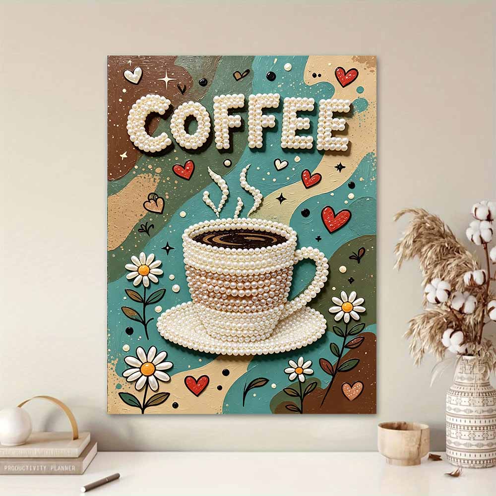 Pearl Painting DIY Kit Coffee Cup Theme Frameless Shiny Bead Canvas Creative Craft for Home Wall Decor Modern Art Aesthetic Kitchen Room Decoration