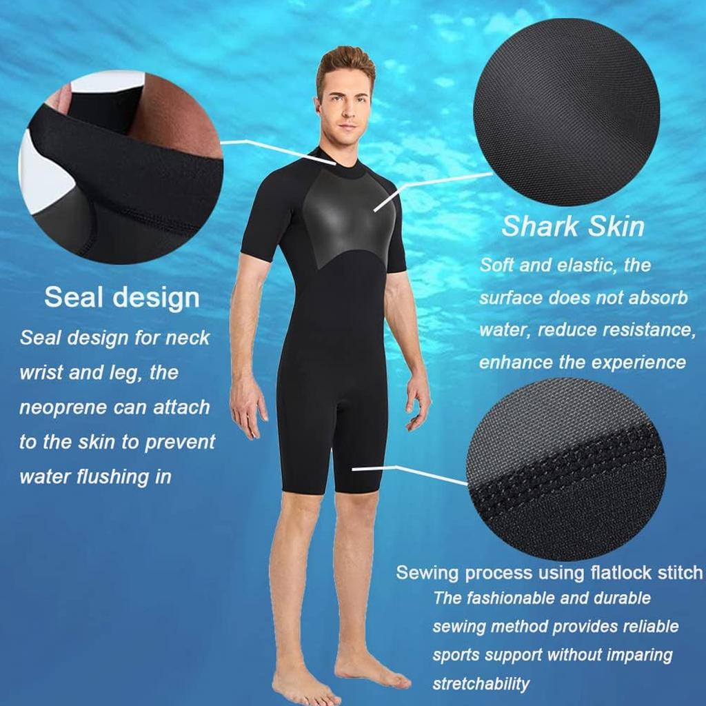 Men's Wetsuit Shorty 2mm Neoprene Full Body Diving Suits for Scuba Diving Surfing Swimming Water Sports Men Black L