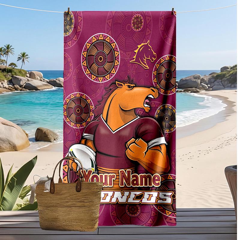 Brisbane Broncos Custom Beach Towel, Print Your Name Text Lightweight Absorbent Towel for Swimming Travel