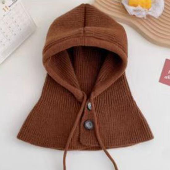 Knitting Hat Solid Color Buttons Closure Drawstring Hooded Scarf Women Winter Warm Windproof Elastic Thermal Hat