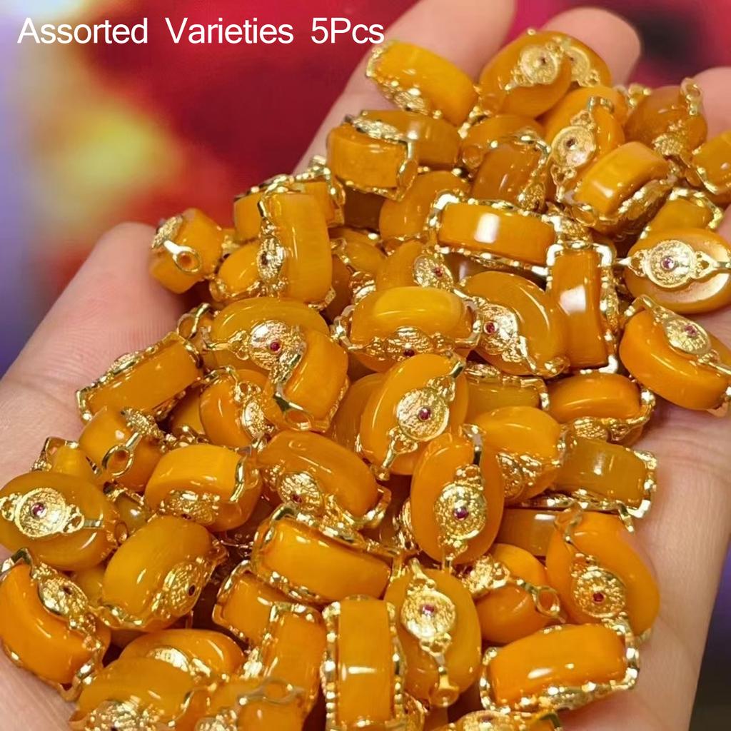 5Pcs, Energy Natural Stone Pendant with Gold Trim Accents, Stylish Handcrafted Yellow Gemstone Charms for DIY Necklace Accessories, Jewelry Making