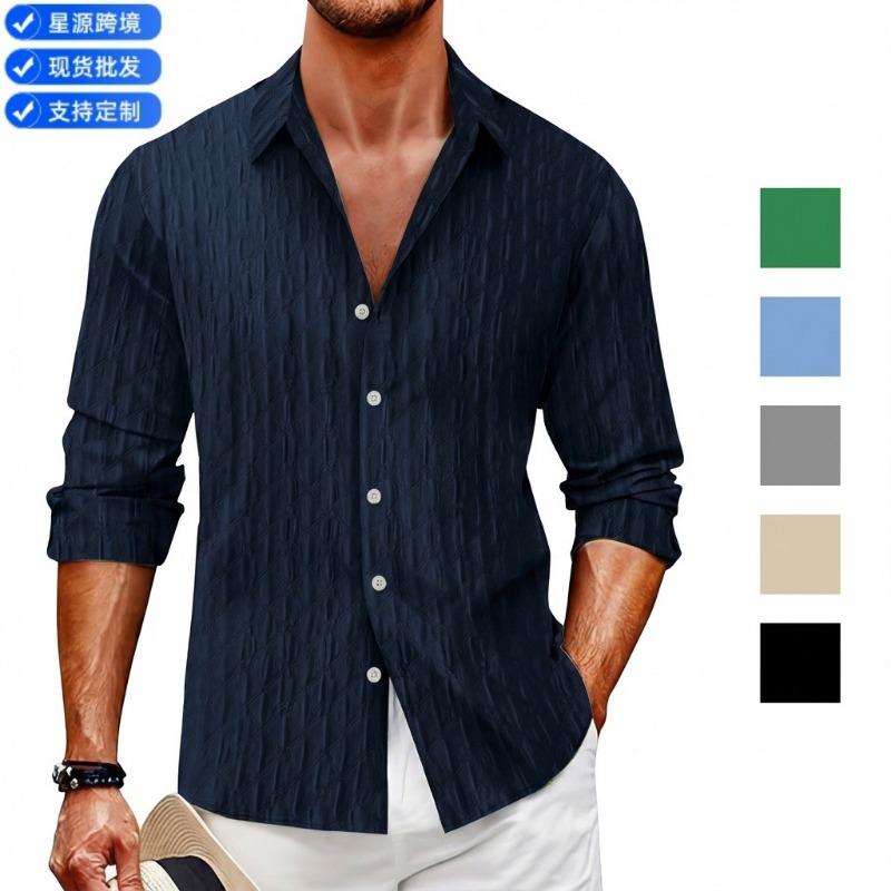 Camisa de Manga Larga a Cuadros Jacquard con Cuello Camisero de Solapa de Botón Único