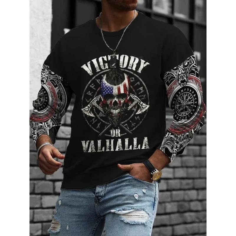 Rundhals 3D Schädelmuster Oberteil Lässige Langarm Herren T-Shirts - Weicher Mittlerer Stretch Polyesterstoff Frühling und Herbst Relaxed Fit Kleidung