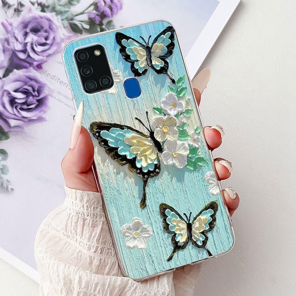 Clear For Samsung A21s SM-A217F SM-A217M Cover For Samsung Galaxy A21s Case Cute Luxury Butterfly Love Flowers Cool Painted