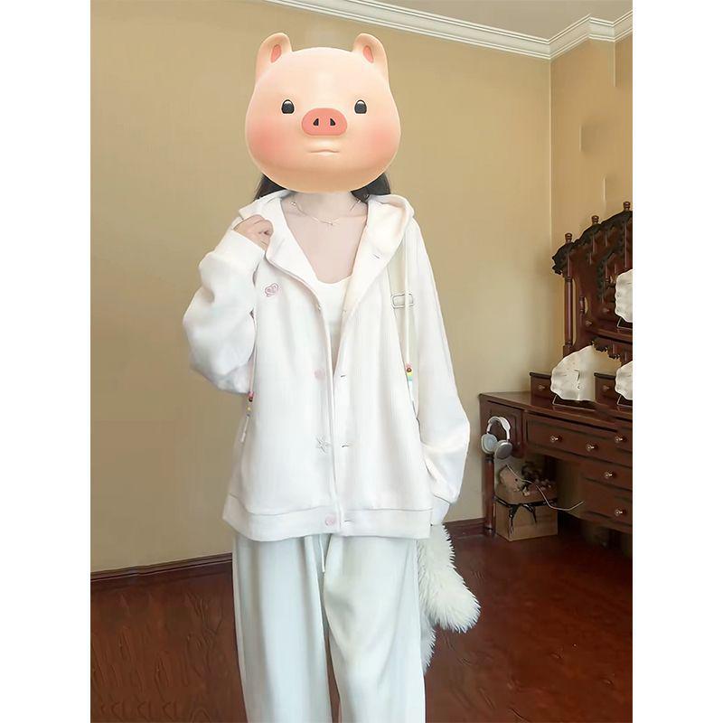 Damen Rosa Kapuzen Strick Cardigan Mantel - Koreanischer College Stil, Herbst/Winter Plus Samt Hoodie