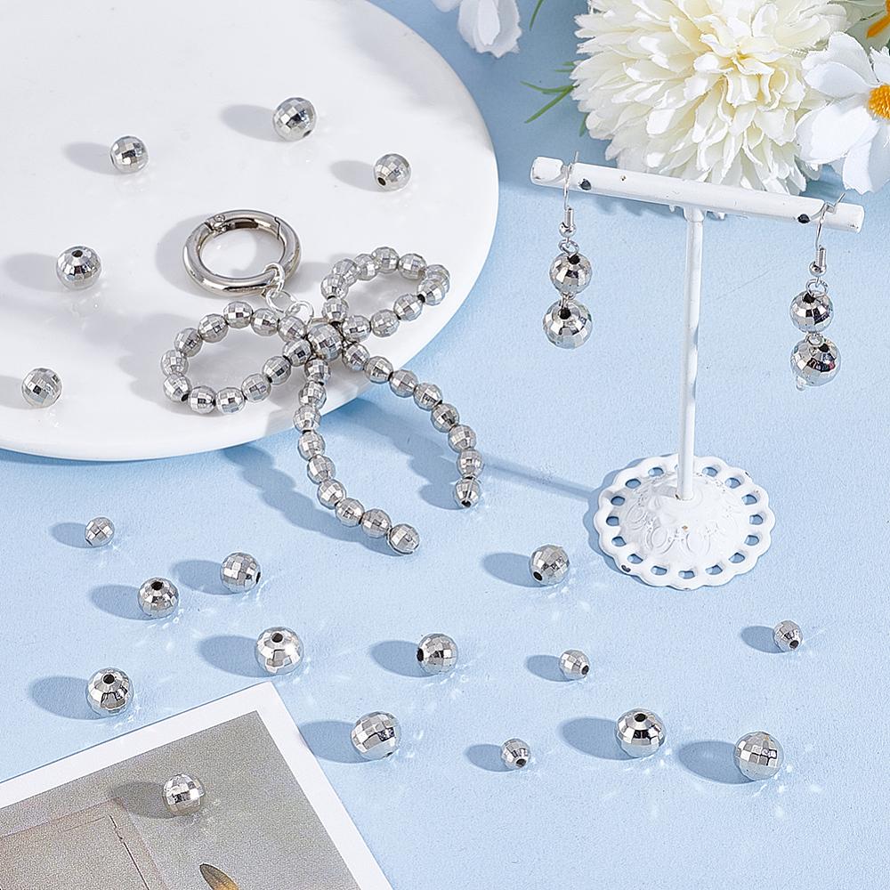 300Pcs CCB Plastic Beads, Round, Faceted, Silver, 6~10mm, Hole: 1.8~2mm