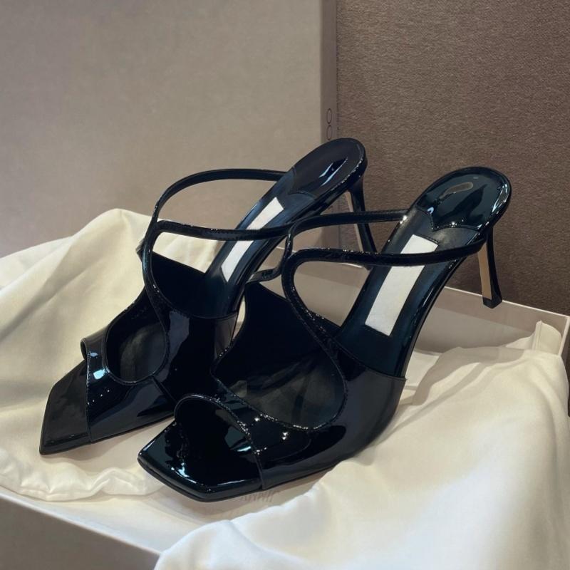 Fashion Slippers Women'S 2025 Summer New Style Patent Leather Thin-Heeled Hollowed-Out Fairy Style One-Shoulder High-Heeled Sandals