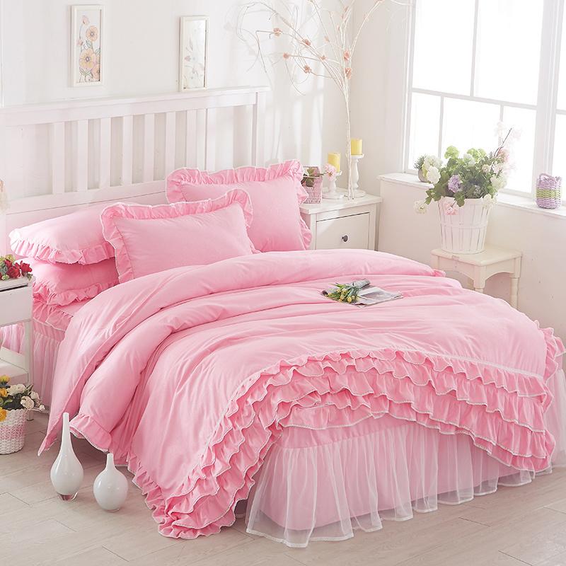 Korean Princess Duvet Cover 4 Piece Set Solid Color Ruffles Lace Quilt Cover And Pillowcase For Girl Woman Romantic Bedspread