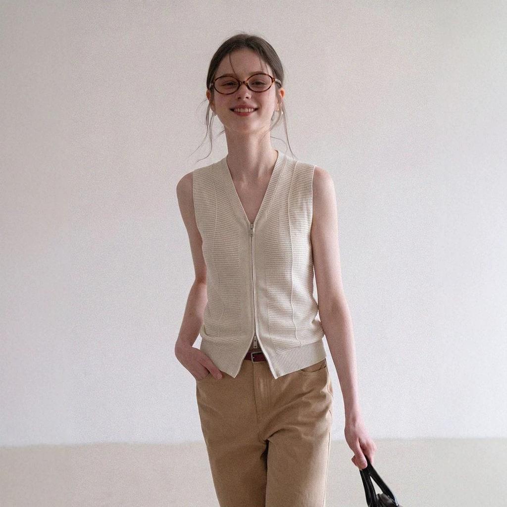 Old money wind zipper v-neck knitted sweater vest vest women's summer wear high-end sense thin sleeveless cardigan top