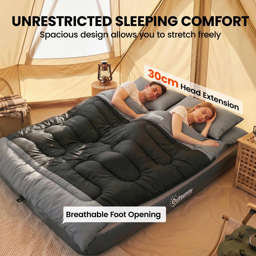 Double Sleeping Bag with 2 Pillows, 220 X 160 Cm Extra-Large Sleeping Bag for Adults, Black and Grey