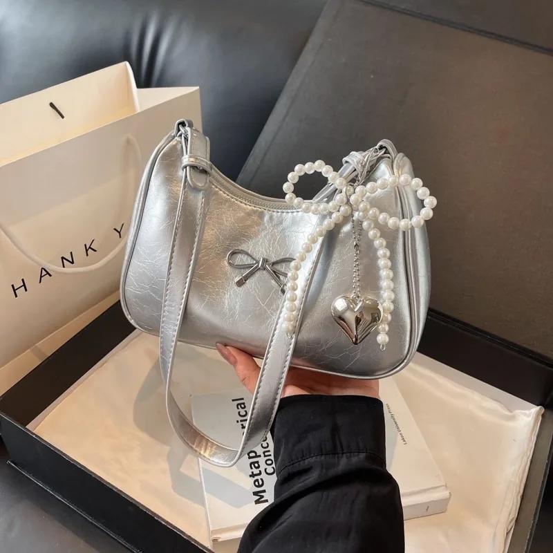 Chain Zipper Pu  Popular Shoulder Bag Sewing Thread Solid Color Bow Fashion Crossbody Bag Soft Versatile Women's Handbag