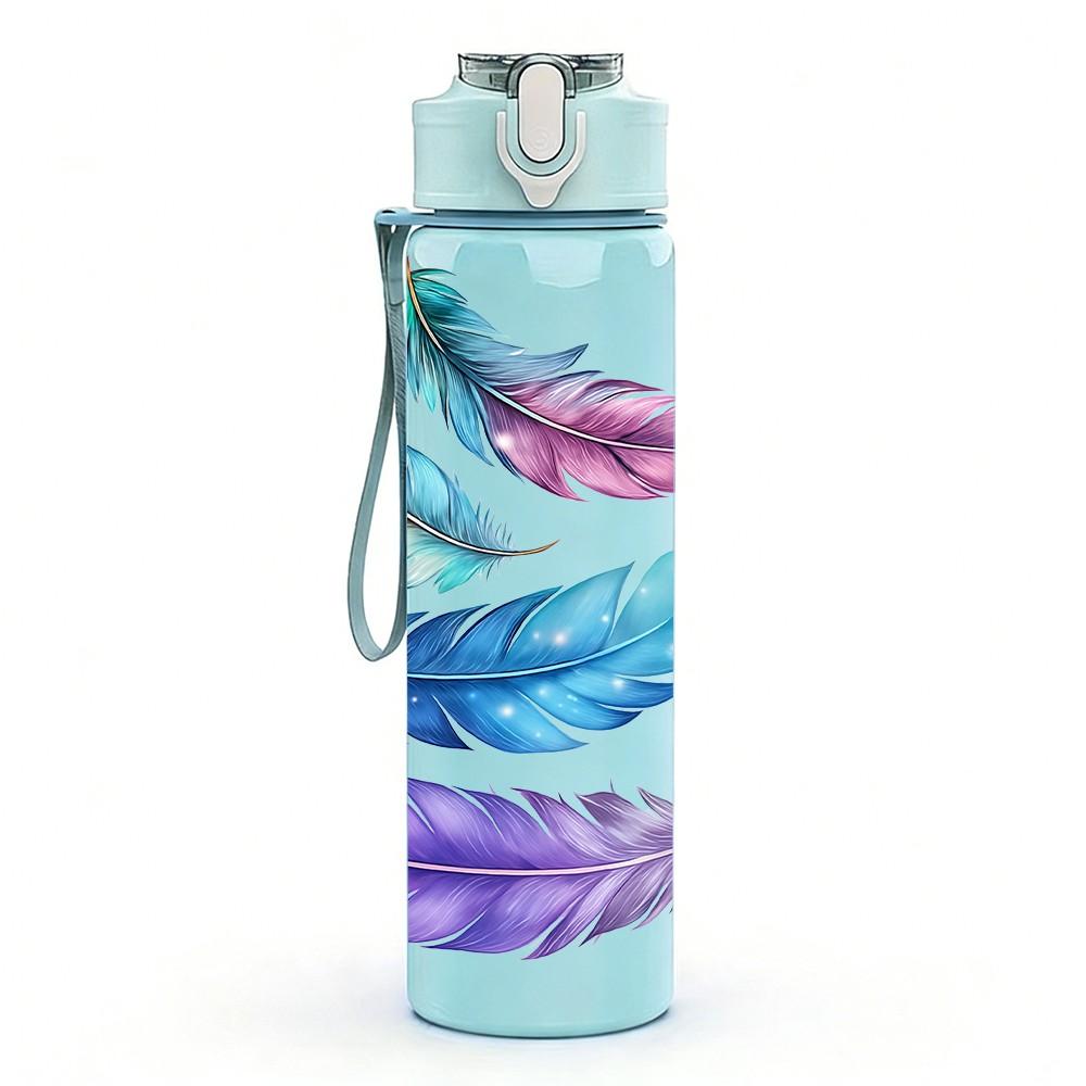 1PC Multicolor Soft Feather Art Print 750ml Color Plastic Sports Water Bottle Leakproof Flip Straw Lid Suitable for Sports Office Home Use
