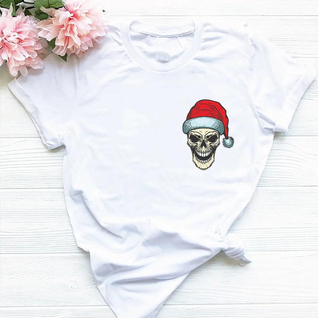 Funny Christmas Skull Head Print T Shirt Women Short Sleeve O Neck Loose Tshirt Women Causal Tee Shirt Tops Camisetas Mujer