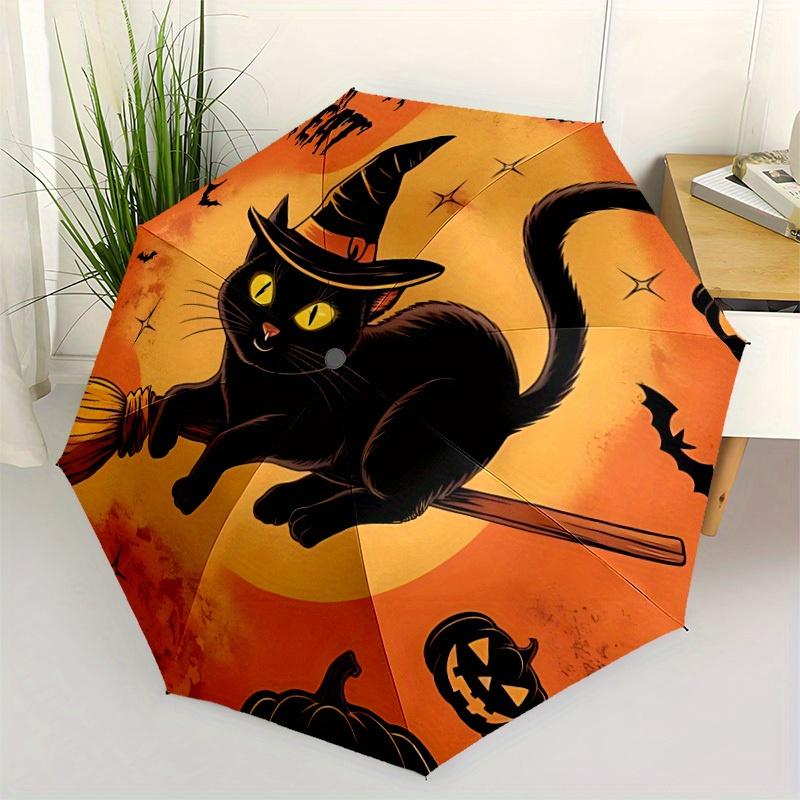 1 Stück Halloween-Katze Automatischer Regenschirm Hochwertiges Schirmdach, Tragbarer Faltregenschirm mit, Ideales Geschenk für - Reisen, Alltag, Formelle Anlässe, Stilvoller Ac