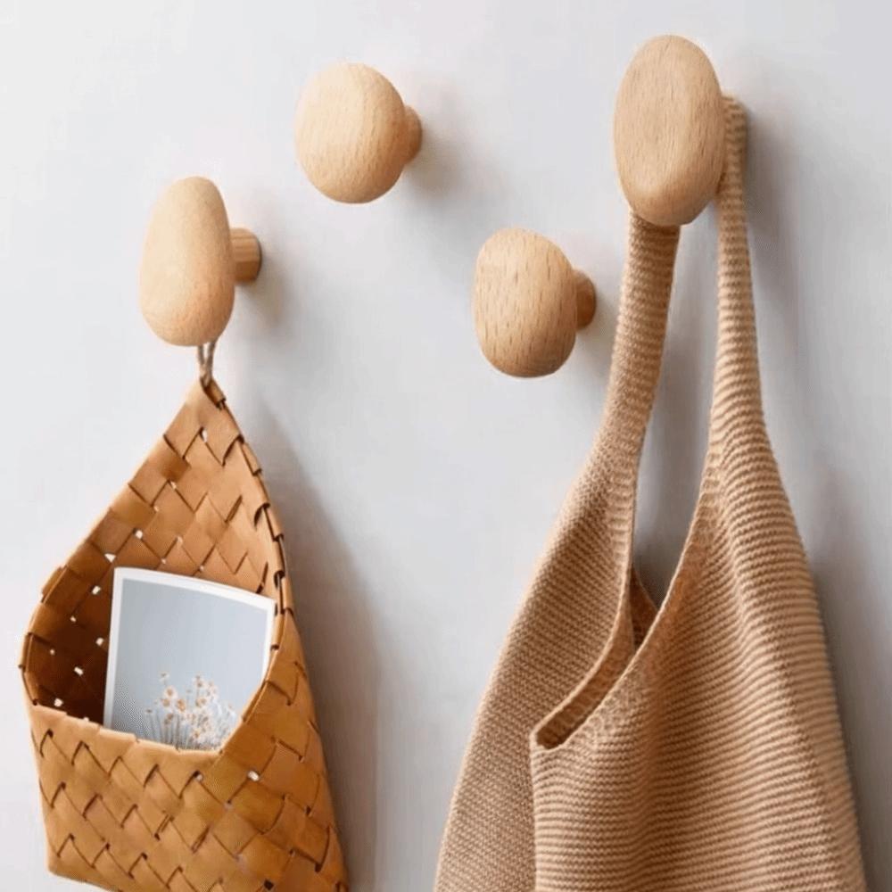 4pcs Beech Walnut Wood Wood Hook Punch Free Simple Design Wall Hook Solid Wood Wood Handle Hanging Hanger Home Decoration