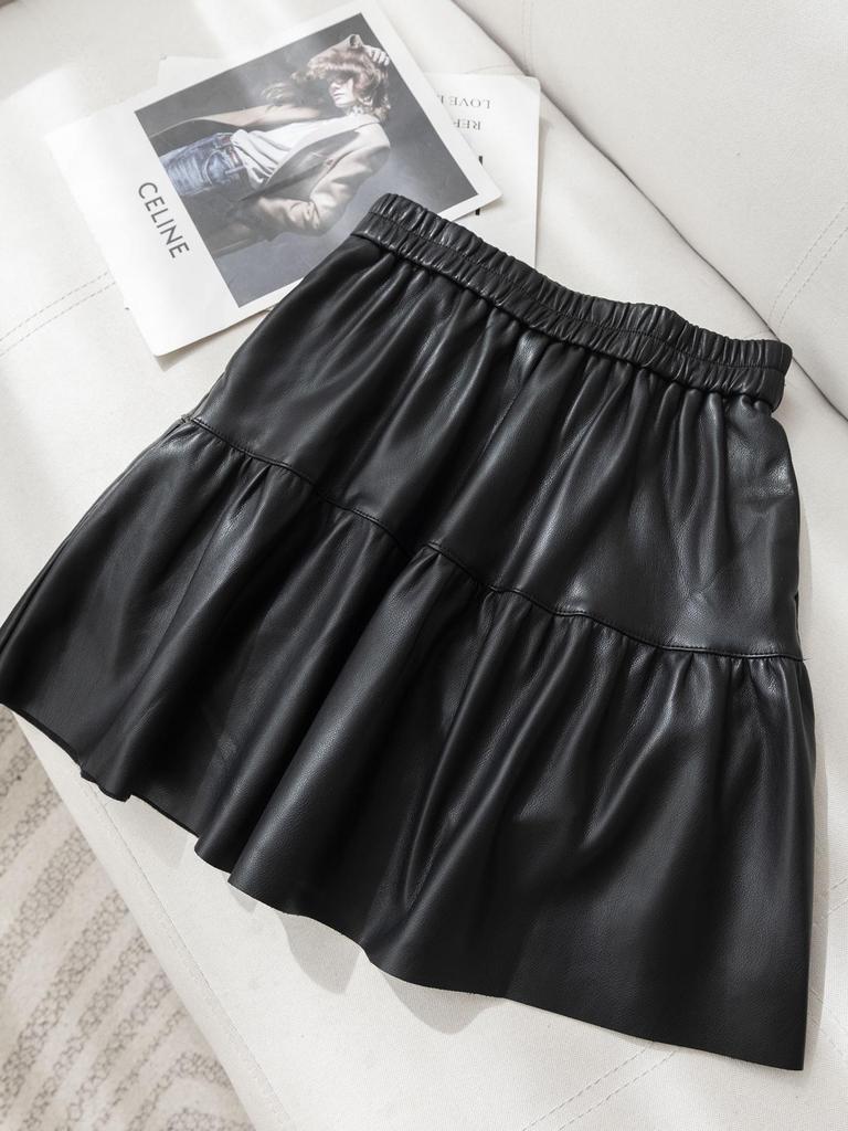 Women's High Waist PU Leather A-line Skirt – Slimming and Fluffy, Elastic Waist, Autumn 2025 Edition