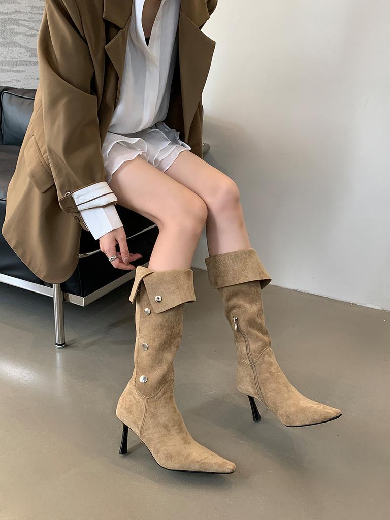 Fashion Pointed Toe Women Knee High Boots Black Beige Brown 2024 New Arrivals Side Zipper Belt Buckle Winter Autumn Fashion Women Knight