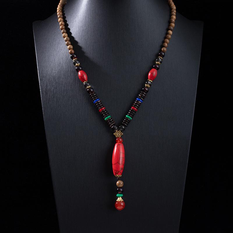 Ethnic Retro Vajra Bodhi Pendant Necklace with Wooden Beads