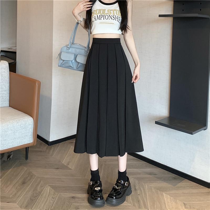 

Women s Chic Pleated A-Line Midi Skirt - Age-Reducing, Solid Color, Plus Size, Autumn Design 2XL чёрный