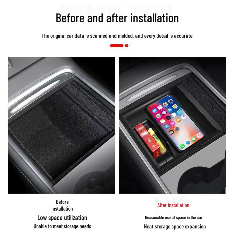 Center Console Storage Box for Model 3/Y - Non-Destructive Installation with Hidden Armrest Screen