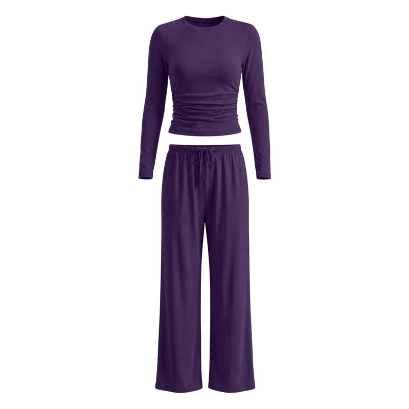 Womens Solid Color Casual Long Sleeve Top Pants Set Streetwear