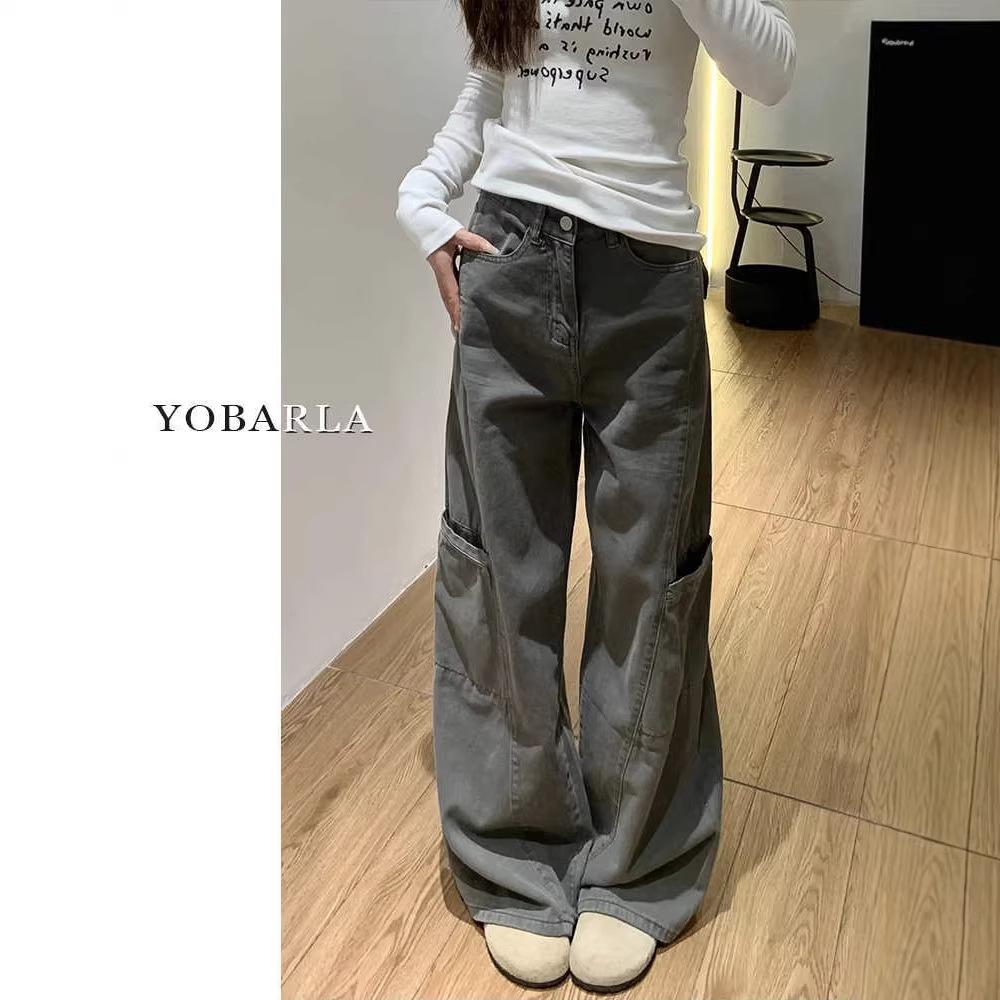 

Women s Plus Size Gray Wide-Leg Cargo Pants - Spring Loose Slimming Straight Leg Jeans 3X Large