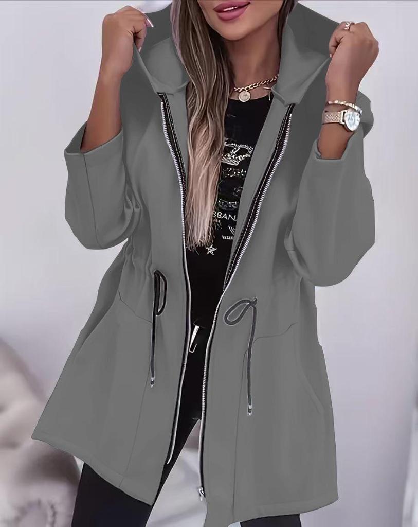 European & American Women's Fashion Zipper Hooded Mid-Length Jacket with Cinched Waist