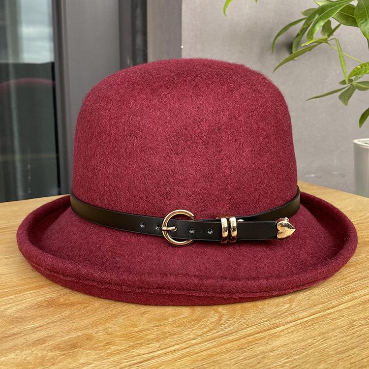 New wool hemming belt buckle dome bucket hat women's autumn and winter versatile British top hat tide
