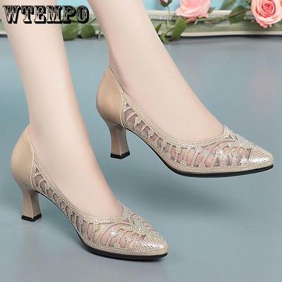 Atmungsaktive High Heels Damen Sommer Tasche Kopf Mesh Strass spitze Zehen durchbrochene Damensandalen