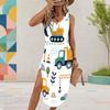 Women Plus Size White Sleeveless U Neck Cartoon Printed Long Dress High Side Slit Curved Hem