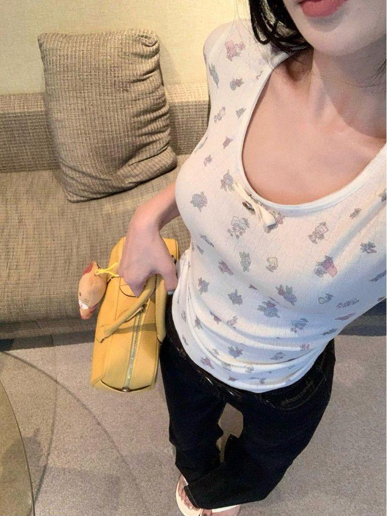 Bow Print U-Neck Short Sleeve Knitted Slim Fit Women's Bodycon Top