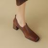 Fashion 2025 Autumn New Genuine Leather Soft Work Shoes Women High Heel Stretch Square Toe Slip on Brown Khaki British Style Heels Women