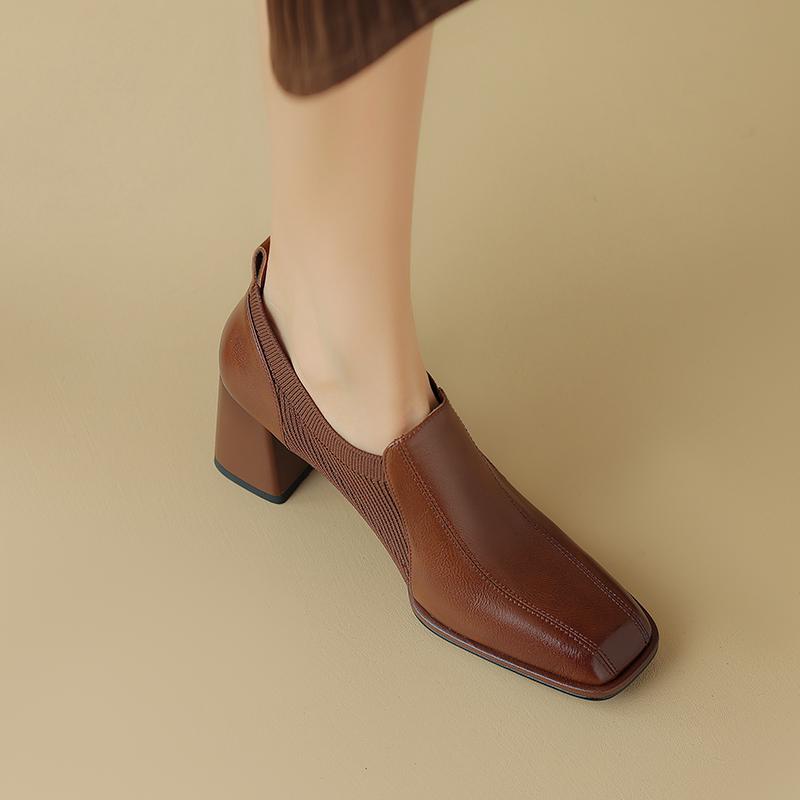 Fashion 2025 Autumn New Genuine Leather Soft Work Shoes Women High Heel Stretch Square Toe Slip on Brown Khaki British Style Heels Women
