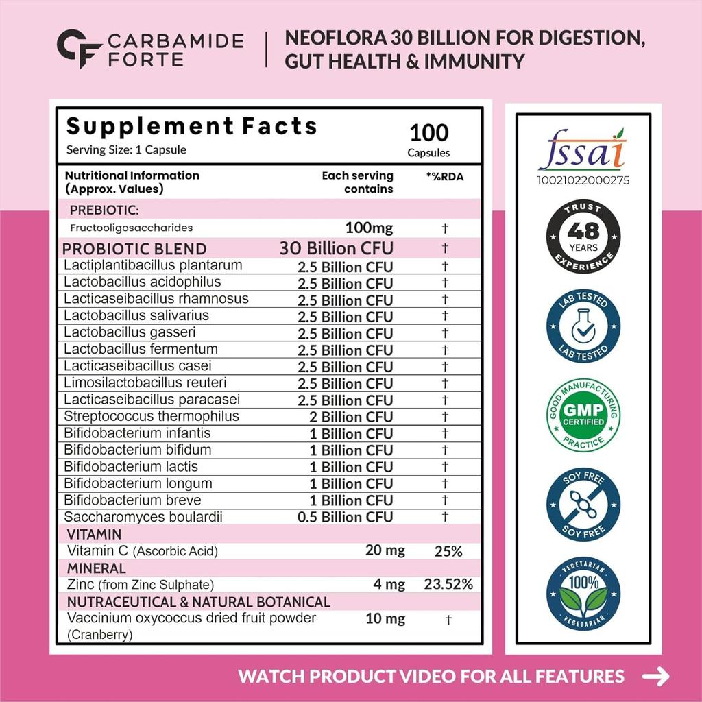 Carbamide Forte 30 Billion Probiotics Supplement with Prebiotics for Gut Health 60 Veg Capsules X Pack of 2